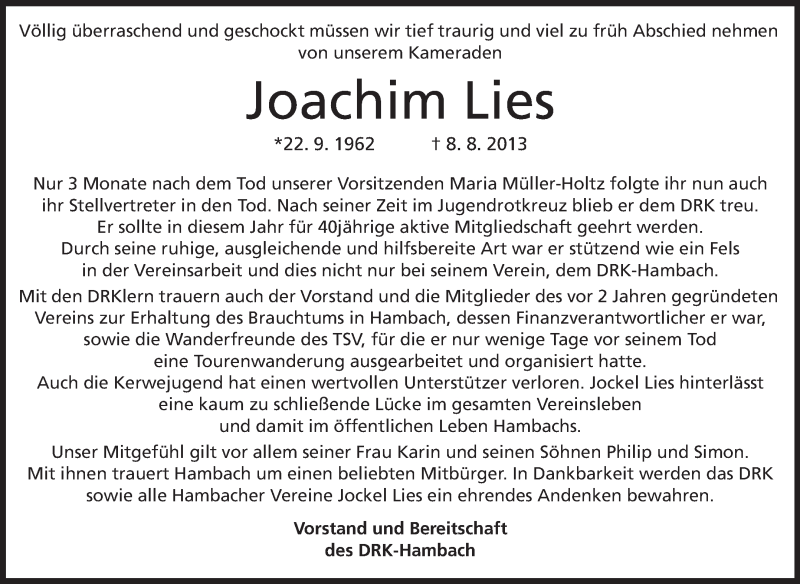  Traueranzeige für Joachim Lies vom 13.08.2013 aus Starkenburger Echo