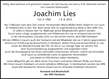 Traueranzeige von Joachim Lies von Starkenburger Echo