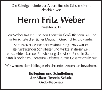 Traueranzeige von Fritz Weber von Echo-Zeitungen (Gesamtausgabe)