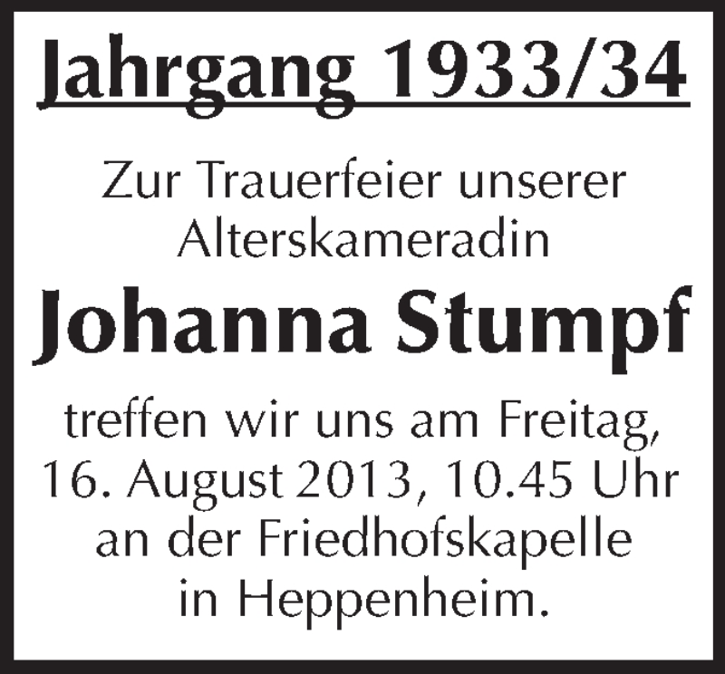  Traueranzeige für Johanna Stumpf vom 13.08.2013 aus Starkenburger Echo