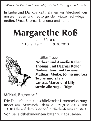 Traueranzeige von Margarethe Roß von Echo-Zeitungen (Gesamtausgabe)