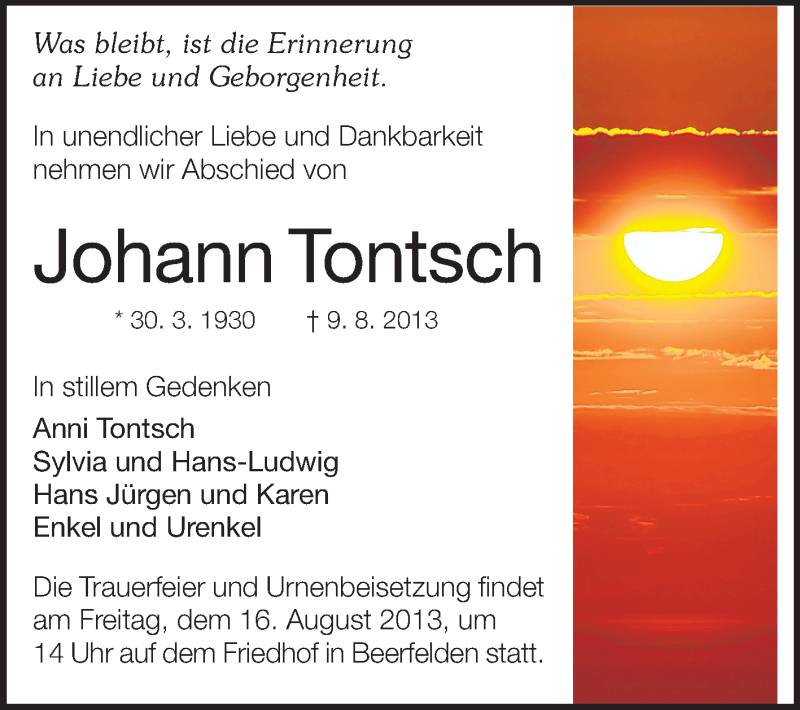  Traueranzeige für Johann Tontsch vom 14.08.2013 aus Odenwälder Echo