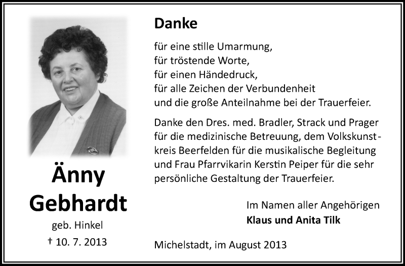  Traueranzeige für Änny Gebhardt vom 17.08.2013 aus Odenwälder Echo