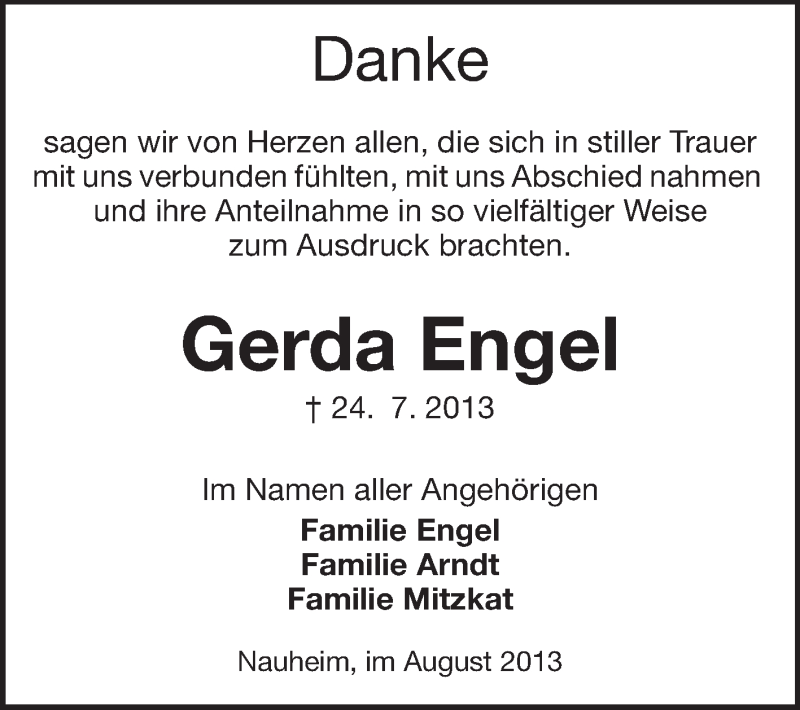  Traueranzeige für Gerda Engel vom 17.08.2013 aus Rüsselsheimer Echo, Groß-Gerauer-Echo, Ried Echo