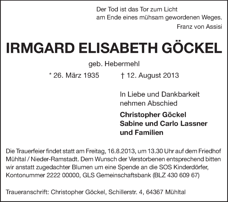  Traueranzeige für Irmgard Elisabeth Göckel vom 14.08.2013 aus Echo-Zeitungen (Gesamtausgabe)