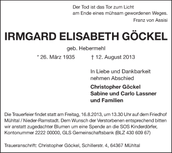 Traueranzeige von Irmgard Elisabeth Göckel von Echo-Zeitungen (Gesamtausgabe)