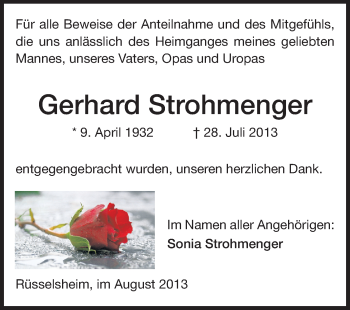 Traueranzeige von Gerhard Strohmenger von Rüsselsheimer Echo, Groß-Gerauer-Echo, Ried Echo