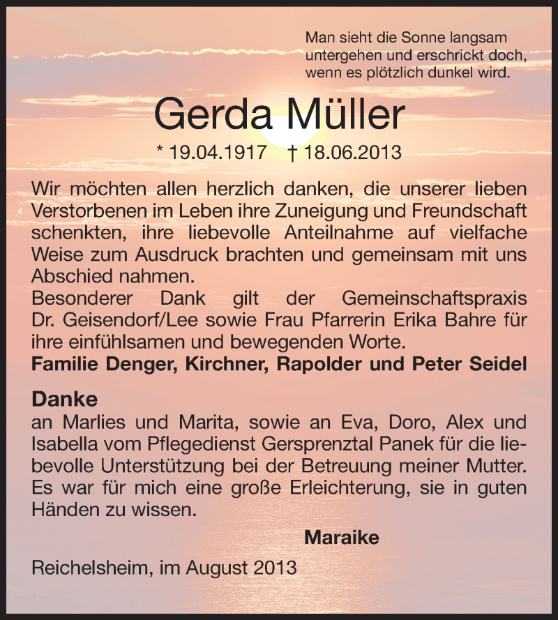  Traueranzeige für Gerda Müller vom 17.08.2013 aus Echo-Zeitungen (Gesamtausgabe)