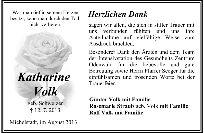  Traueranzeige für Katharine Volk vom 16.08.2013 aus Odenwälder Echo