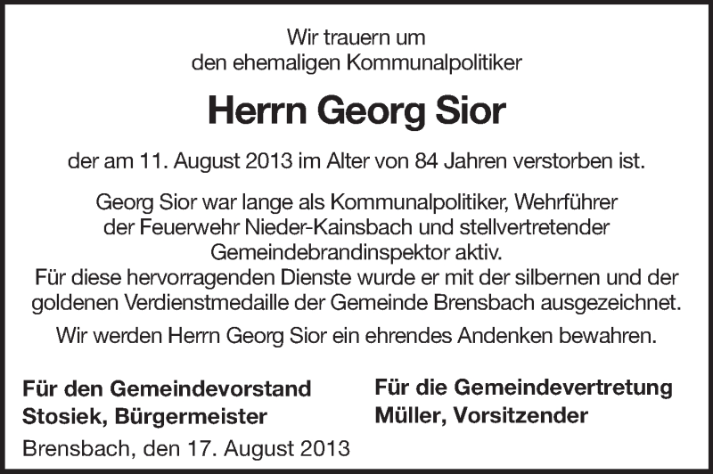  Traueranzeige für Georg Sior vom 17.08.2013 aus Odenwälder Echo