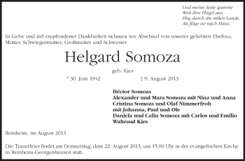 Traueranzeige von Helgard Somoza von Echo-Zeitungen (Gesamtausgabe)