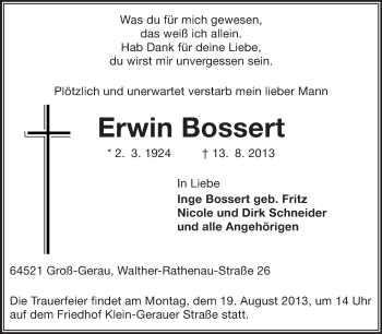Traueranzeige von Erwin Bossert von Rüsselsheimer Echo, Groß-Gerauer-Echo, Ried Echo
