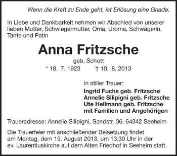 Traueranzeige von Anna Fritzsche von Echo-Zeitungen (Gesamtausgabe)