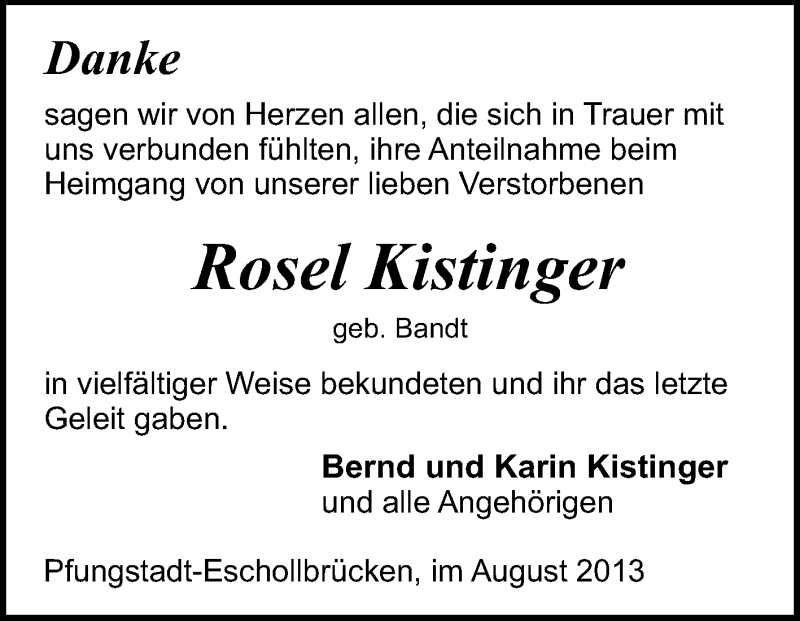  Traueranzeige für Rosel Kistinger vom 17.08.2013 aus Echo-Zeitungen (Gesamtausgabe)