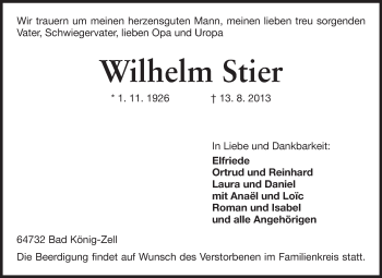 Traueranzeige von Wilhelm Stier von Odenwälder Echo