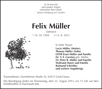 Traueranzeige von Felix Müller von Echo-Zeitungen (Gesamtausgabe)
