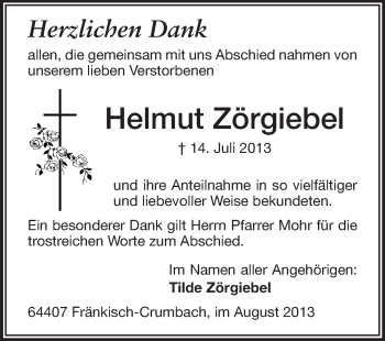 Traueranzeige von Helmut Zörgiebel von Odenwälder Echo