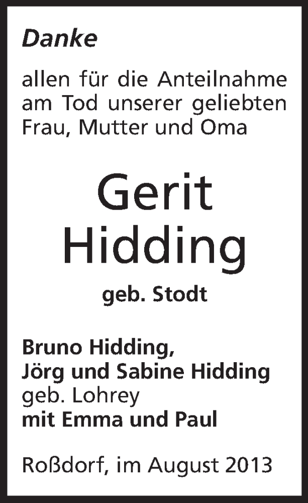  Traueranzeige für Gerit Hidding vom 17.08.2013 aus Echo-Zeitungen (Gesamtausgabe)