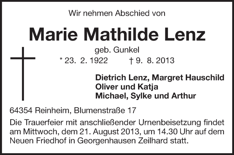  Traueranzeige für Marie Mathilde Lenz vom 16.08.2013 aus Echo-Zeitungen (Gesamtausgabe)