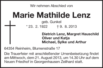 Traueranzeige von Marie Mathilde Lenz von Echo-Zeitungen (Gesamtausgabe)