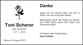 Traueranzeige von Toni Scherer von Rüsselsheimer Echo, Groß-Gerauer-Echo, Ried Echo