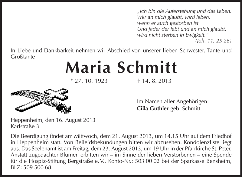  Traueranzeige für Maria Schmitt vom 16.08.2013 aus Starkenburger Echo