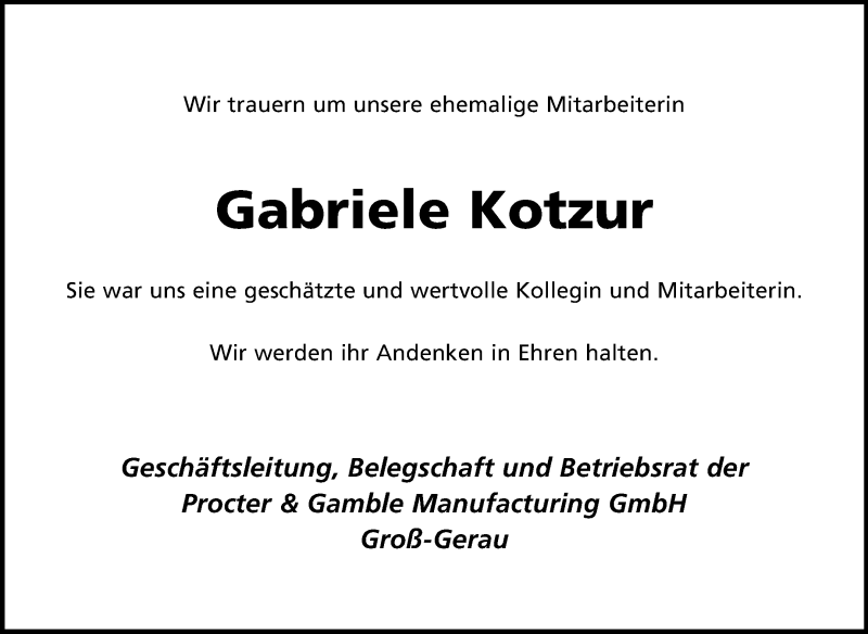  Traueranzeige für Gabriele Kotzur vom 16.08.2013 aus Rüsselsheimer Echo, Groß-Gerauer-Echo, Ried Echo