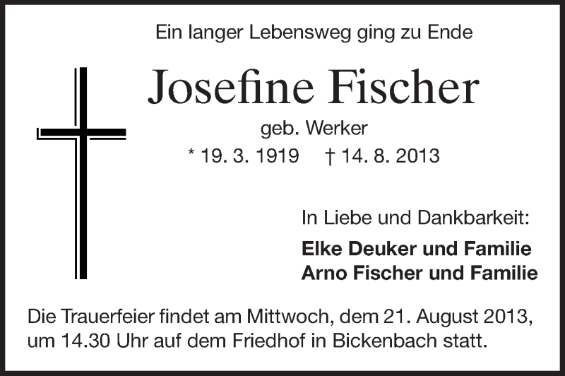  Traueranzeige für Josefine Fischer vom 17.08.2013 aus Darmstädter Echo, Odenwälder Echo, Rüsselsheimer Echo, Groß-Gerauer-Echo, Ried Echo