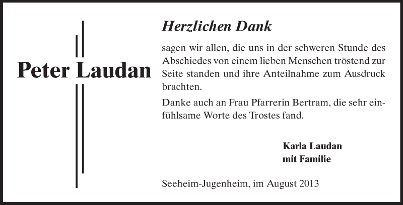  Traueranzeige für Peter Laudan vom 17.08.2013 aus Echo-Zeitungen (Gesamtausgabe)