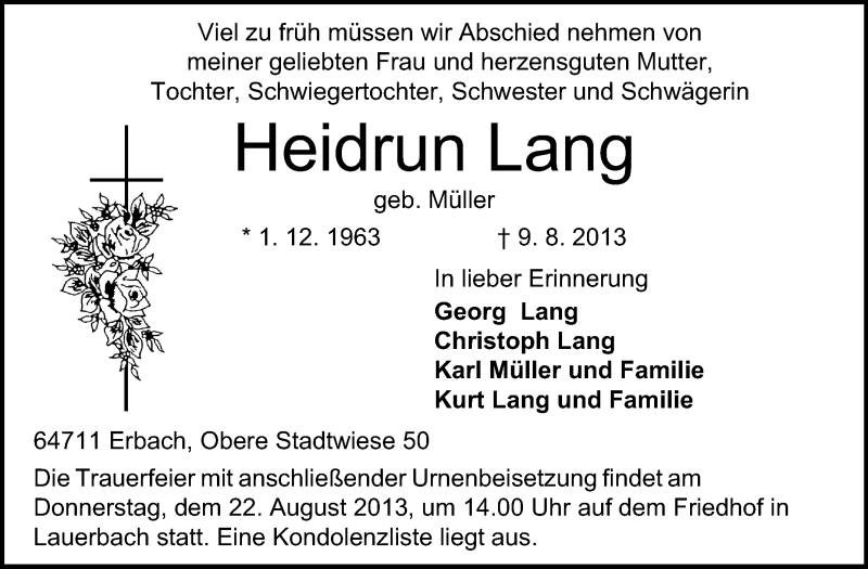  Traueranzeige für Heidrun Lang vom 17.08.2013 aus Odenwälder Echo