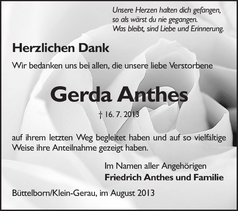  Traueranzeige für Gerda Anthes vom 17.08.2013 aus Rüsselsheimer Echo, Groß-Gerauer-Echo, Ried Echo