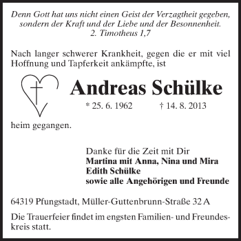 Traueranzeige von Andreas Schülke von Echo-Zeitungen (Gesamtausgabe)