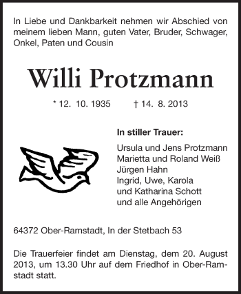 Traueranzeige von Willi Protzmann von Echo-Zeitungen (Gesamtausgabe)