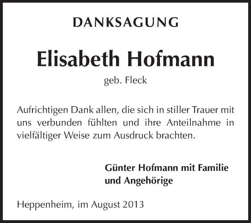  Traueranzeige für Elisabeth Hofmann vom 21.08.2013 aus Starkenburger Echo