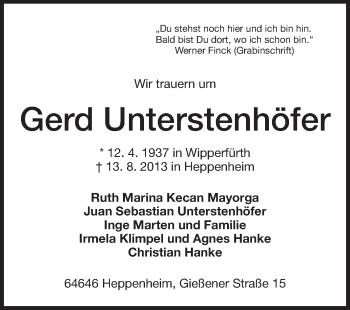 Traueranzeige von Gerd Unterstenhöfer von Starkenburger Echo