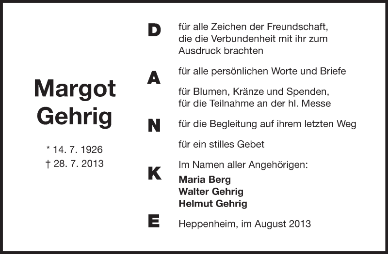  Traueranzeige für Margot Gehrig vom 17.08.2013 aus Starkenburger Echo