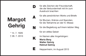 Traueranzeige von Margot Gehrig von Starkenburger Echo