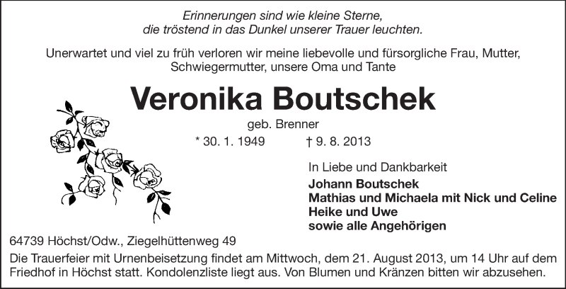  Traueranzeige für Veronika Boutschek vom 17.08.2013 aus Odenwälder Echo
