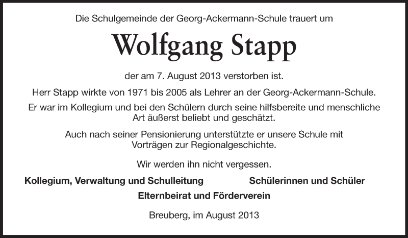  Traueranzeige für Wolfgang Stapp vom 17.08.2013 aus Odenwälder Echo