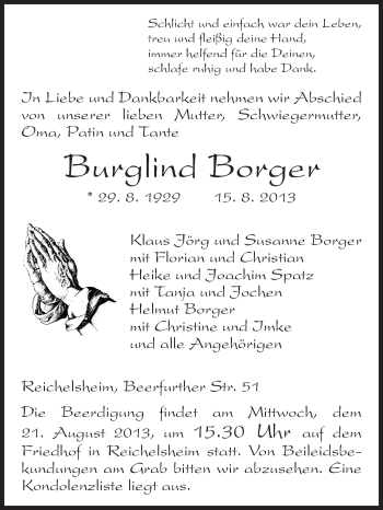 Traueranzeige von Burglind Borger von Odenwälder Echo