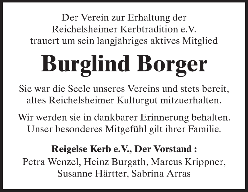  Traueranzeige für Burglind Borger vom 20.08.2013 aus Odenwälder Echo