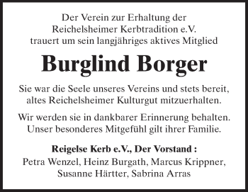 Traueranzeige von Burglind Borger von Odenwälder Echo