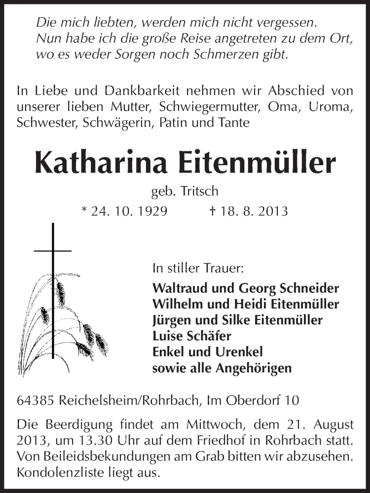  Traueranzeige für Katharina Eitenmüller vom 20.08.2013 aus Odenwälder Echo