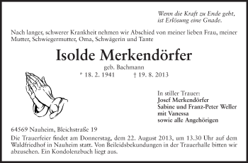 Traueranzeige von Isolde Merkendörfer von Rüsselsheimer Echo, Groß-Gerauer-Echo, Ried Echo
