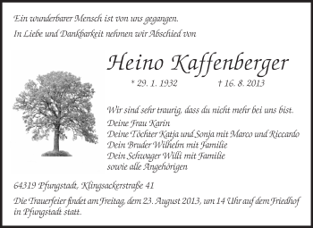 Traueranzeige von Heino Kaffenberger von Echo-Zeitungen (Gesamtausgabe)