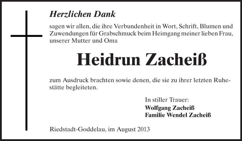  Traueranzeige für Heidrun Zacheiß vom 24.08.2013 aus Echo-Zeitungen (Gesamtausgabe)