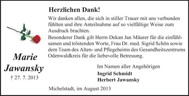  Traueranzeige für Maria Jawansky vom 24.08.2013 aus Odenwälder Echo