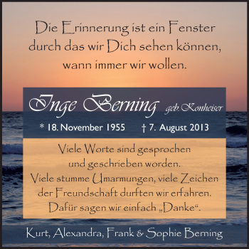 Traueranzeige von Inge Berning von Rüsselsheimer Echo, Groß-Gerauer-Echo, Ried Echo