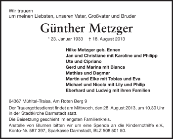 Traueranzeige von Günther Metzger von Echo-Zeitungen (Gesamtausgabe)