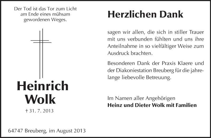  Traueranzeige für Heinrich Wolk vom 24.08.2013 aus Odenwälder Echo